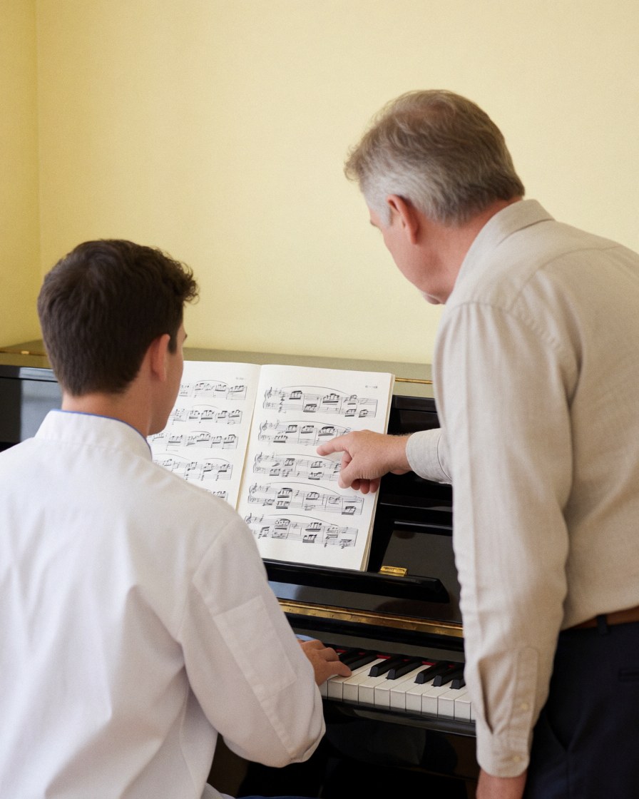 Un professeur de piano ajuste une partition sur un piano à queue dans une salle aux murs jaunes clairs, lors d'un cours de musique.
