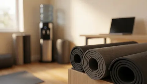 Des tapis de yoga enroulés disposés dans un studio de fitness, avec une station d'eau et une lumière chaude, servant de fond pour des textes sur l'entraînement.
