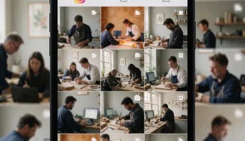 Écran de smartphone affichant Instagram avec des personnes travaillant sur du bois, idéal pour une couverture de site de menuiserie ou de design