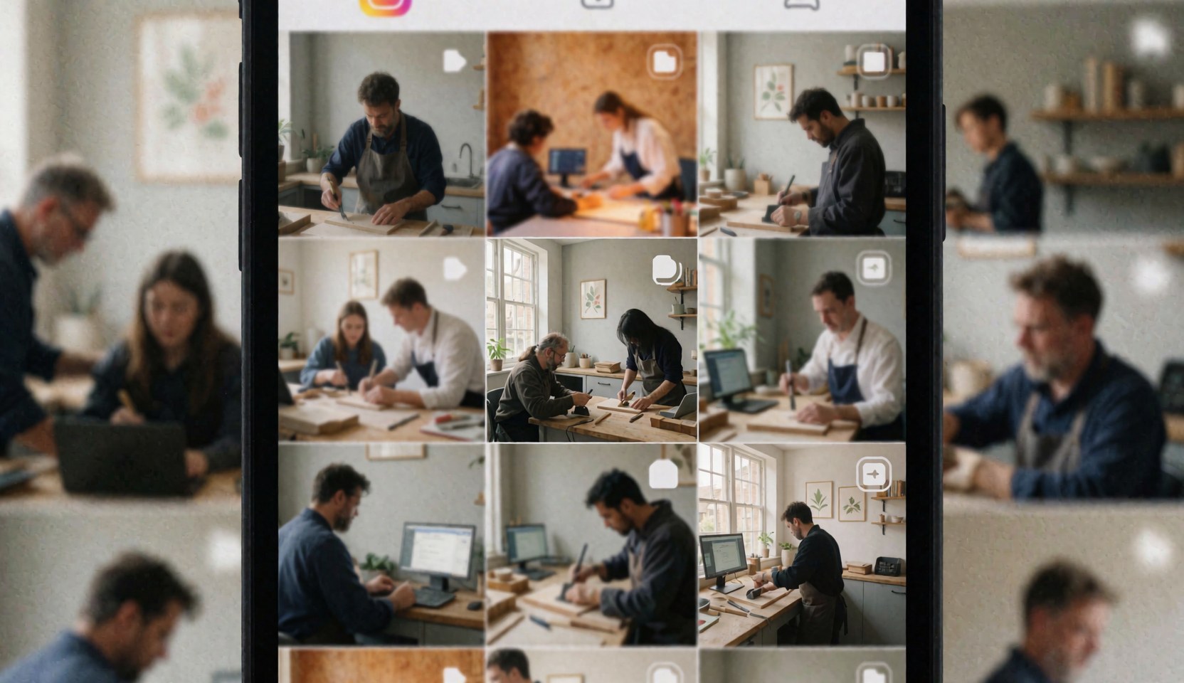 Écran de smartphone affichant Instagram avec des personnes travaillant sur du bois, idéal pour une couverture de site de menuiserie ou de design