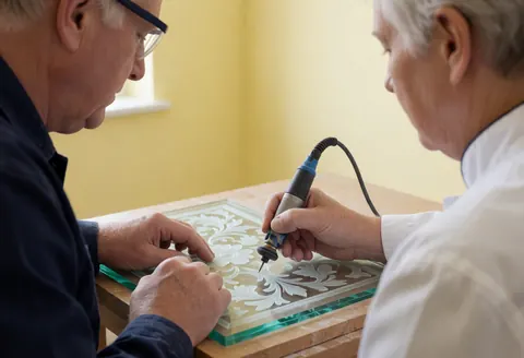 Artiste utilisant un outil rotatif pour sculpter un motif floral sur du verre dans un atelier aux murs jaunes.