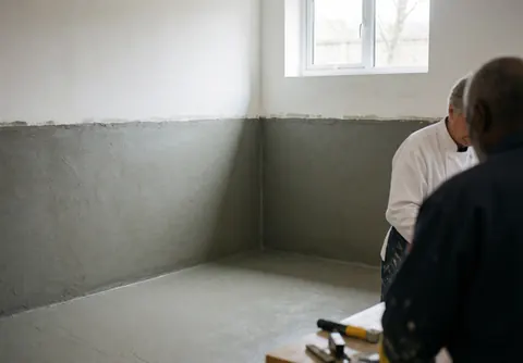 Deux professionnels appliquent un revêtement gris d'étanchéité sur des murs en construction, avec des outils sur une table et une lumière naturelle entrant par une fenêtre.
