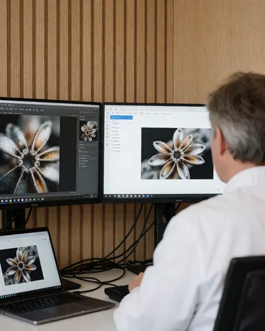 Photographe macro assis à son bureau avec deux moniteurs affichant une image macro, devant un mur en lattes de bois.