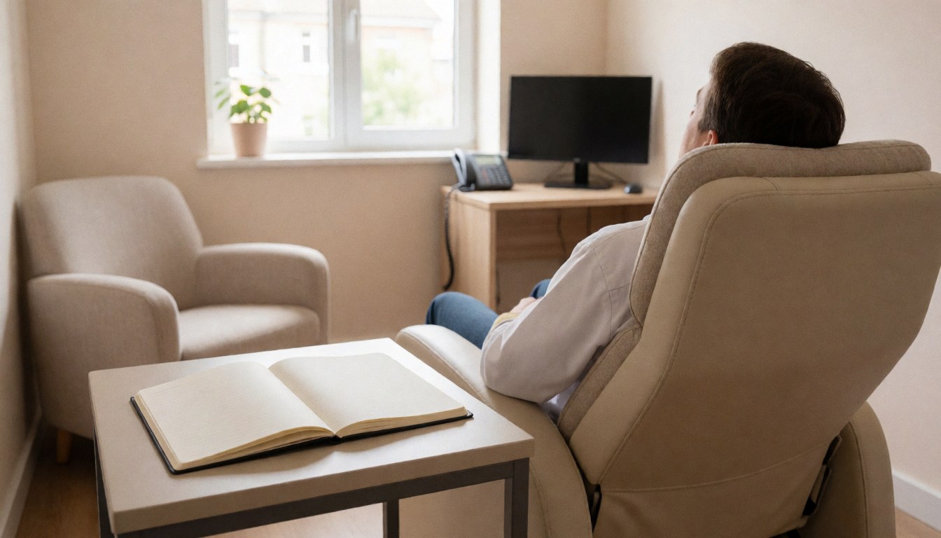 Une personne assise dans un fauteuil inclinable dans une salle de thérapie avec un carnet ouvert, des murs beige et une lumière naturelle par la fenêtre.