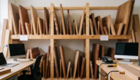 Arrière-plan d'atelier en bois avec étagères remplies de panneaux et tables de travail avec ordinateurs, idéal pour la réparation de meubles.