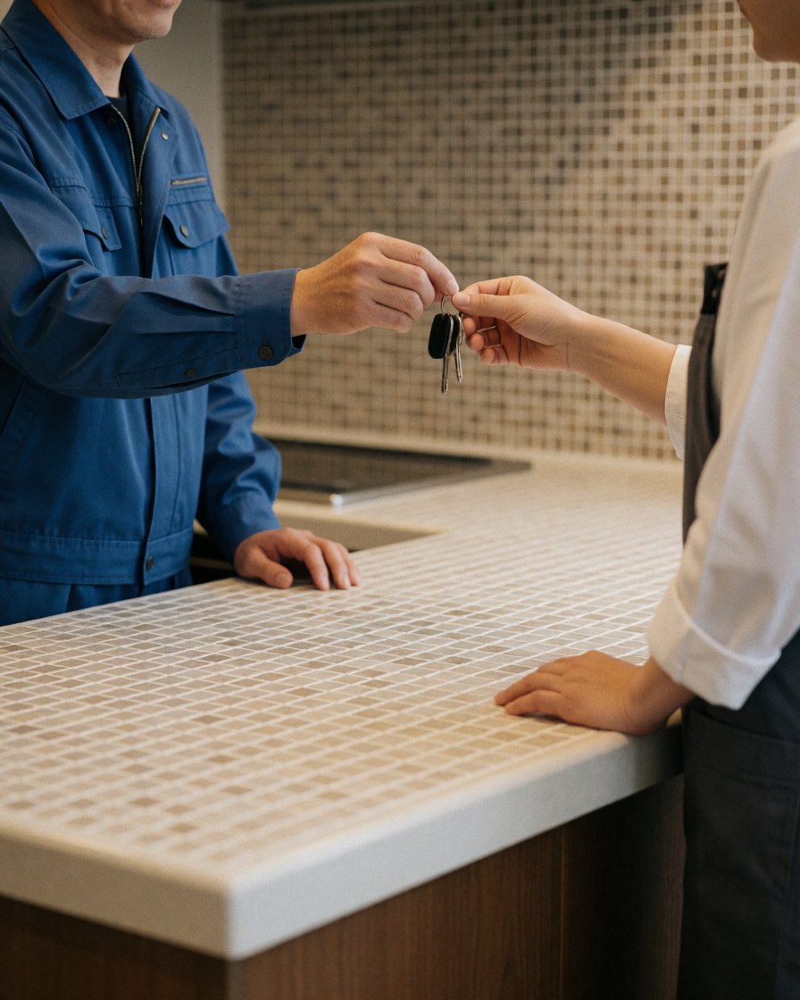 Un professionnel remet les clés à un client satisfait dans une cuisine équipée de carreaux de céramique fraîchement posés.