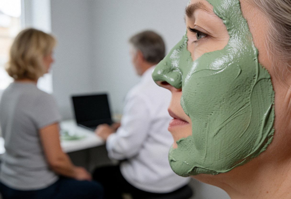 Application d'un masque vert sur le visage d'un client dans un cadre clinique pour un traitement de la peau.