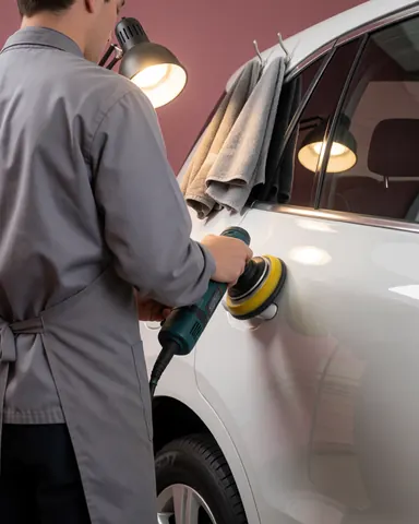 Un technicien utilise un polisseur pour appliquer une finition brillante sur une carrosserie blanche dans un atelier automobile professionnel équipé d'un éclairage de travail et de serviettes.