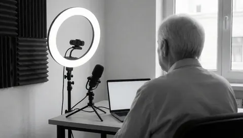 Vue arrière d'une personne en classe virtuelle avec ordinateur portable, microphone et anneau lumineux, panneaux acoustiques au mur, environnement professionnel pour apprendre l'espagnol