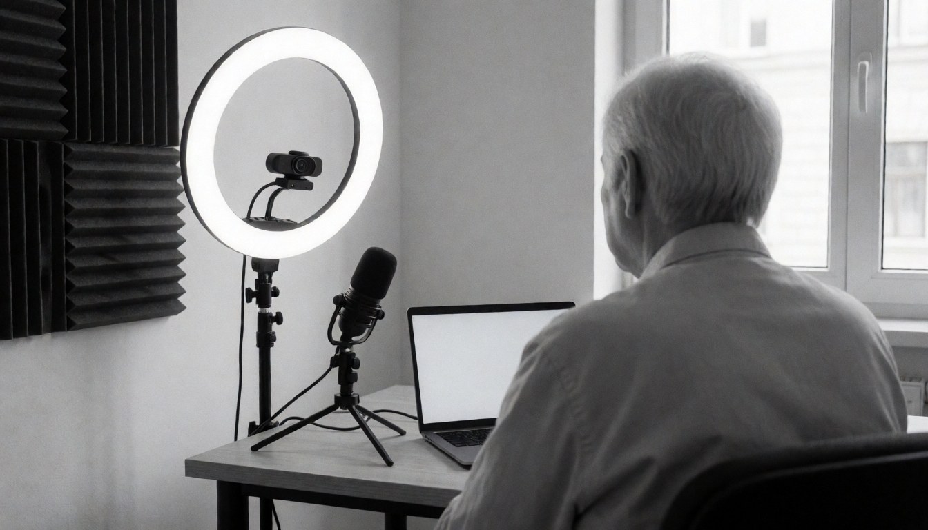Vue arrière d'une personne en classe virtuelle avec ordinateur portable, microphone et anneau lumineux, panneaux acoustiques au mur, environnement professionnel pour apprendre l'espagnol