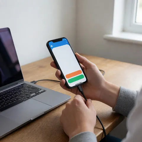 Des mains tenant un smartphone relié à un ordinateur portable posé sur une table en bois, éclairé par la lumière naturelle, évoquant l'apprentissage du codage.