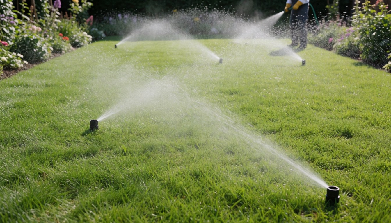 Des arroseurs automatiques en fonctionnement irriguent une pelouse verte avec des fleurs en arrière-plan, illustrant un service de jardinage professionnel en action.