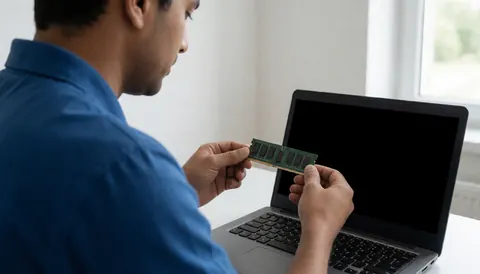 Un technicien en train d'installer une barrette de RAM sur un ordinateur portable dans un environnement de bureau avec une lumière naturelle.