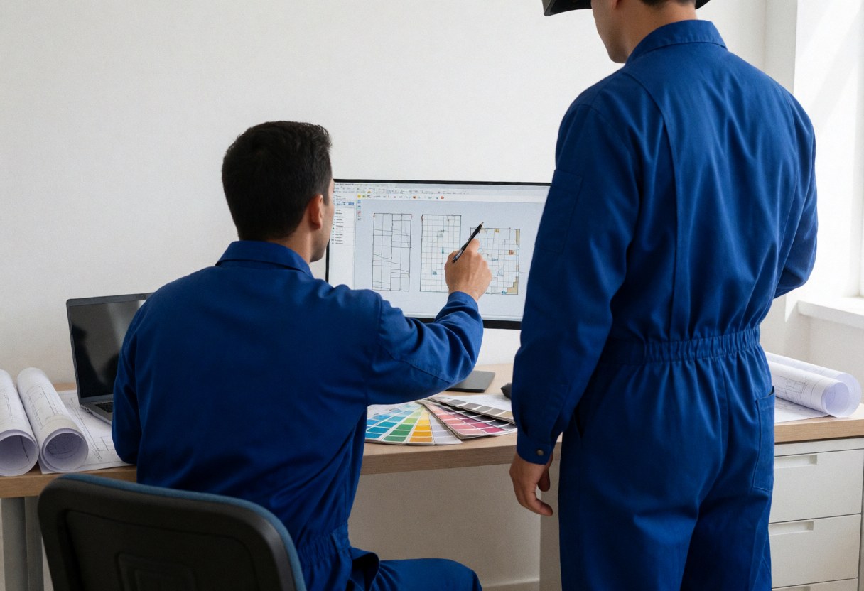 Deux techniciens en uniforme bleu examinent un design de fenêtres sur un écran, entourés d'échantillons de couleurs et de plans roulés sur une table en bois clair.