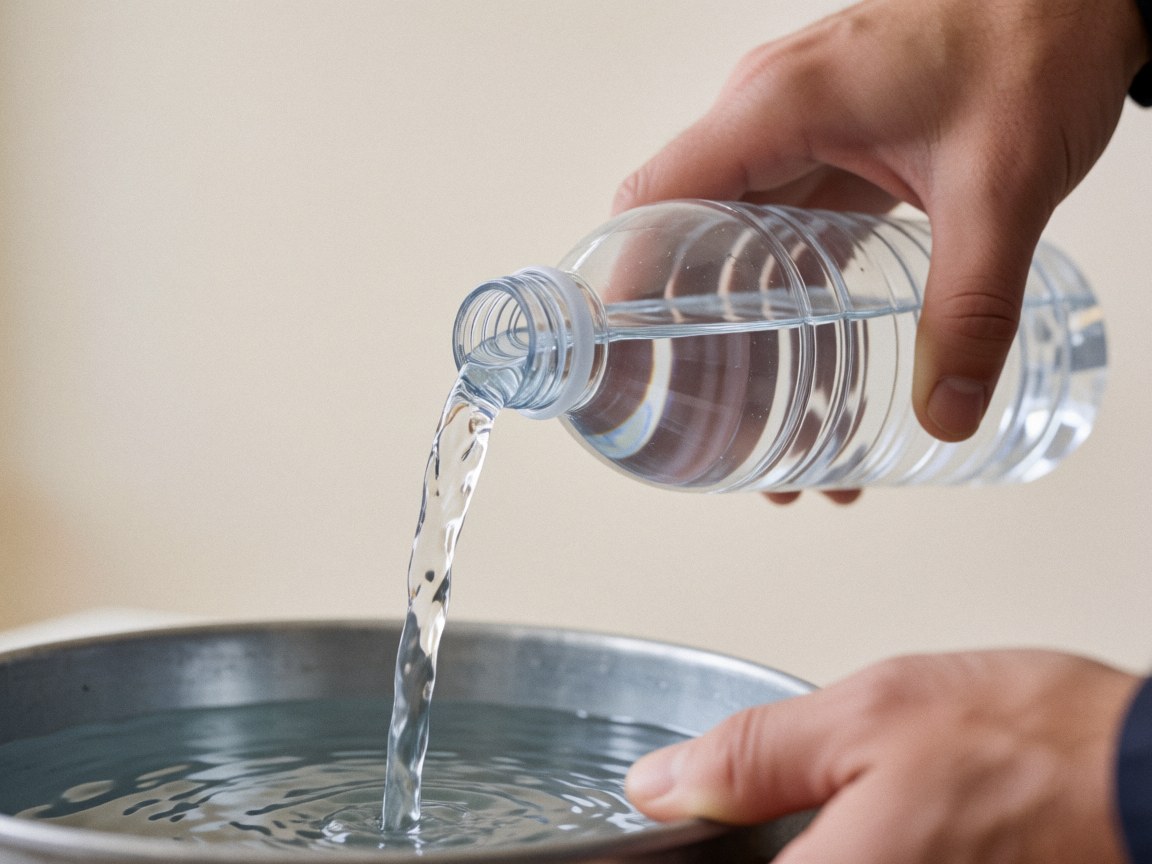 Une main verse de l'eau propre depuis une bouteille en plastique dans un seau métallique, détail pour le nettoyage des vitrines.
