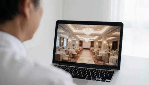 Un professionnel examine une présentation sur un ordinateur portable dans un grand salon d'événements vide avec des tables et des chaises disposées sur fond blanc.