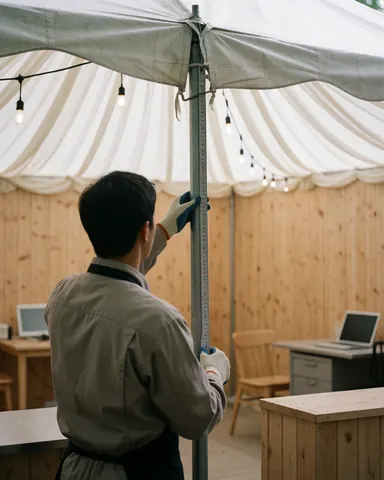 Un professionnel avec des gants mesure un présentoir dans un magasin blanc avec des lumières suspendues, des murs en bois et du mobilier pour événements.