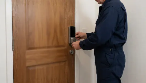 Un technicien en uniforme bleu installe une serrure connectée sur une porte en bois contre un mur blanc, illustrant un service de réparation de serrurerie.