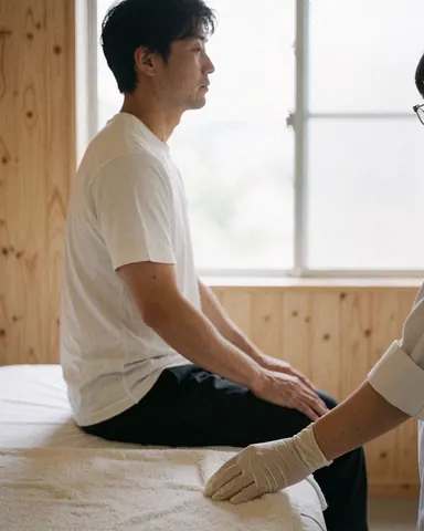 Un thérapeute en gants ajuste une serviette sur un client assis sur une table de massage dans un espace lumineux aux murs en bois clair.