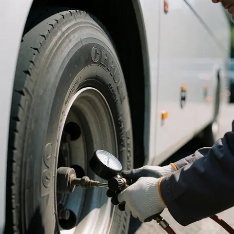 Technicien utilisant un manomètre pour contrôler la pression d'un pneu de bus près d'une camionnette blanche dans un atelier de réparation.