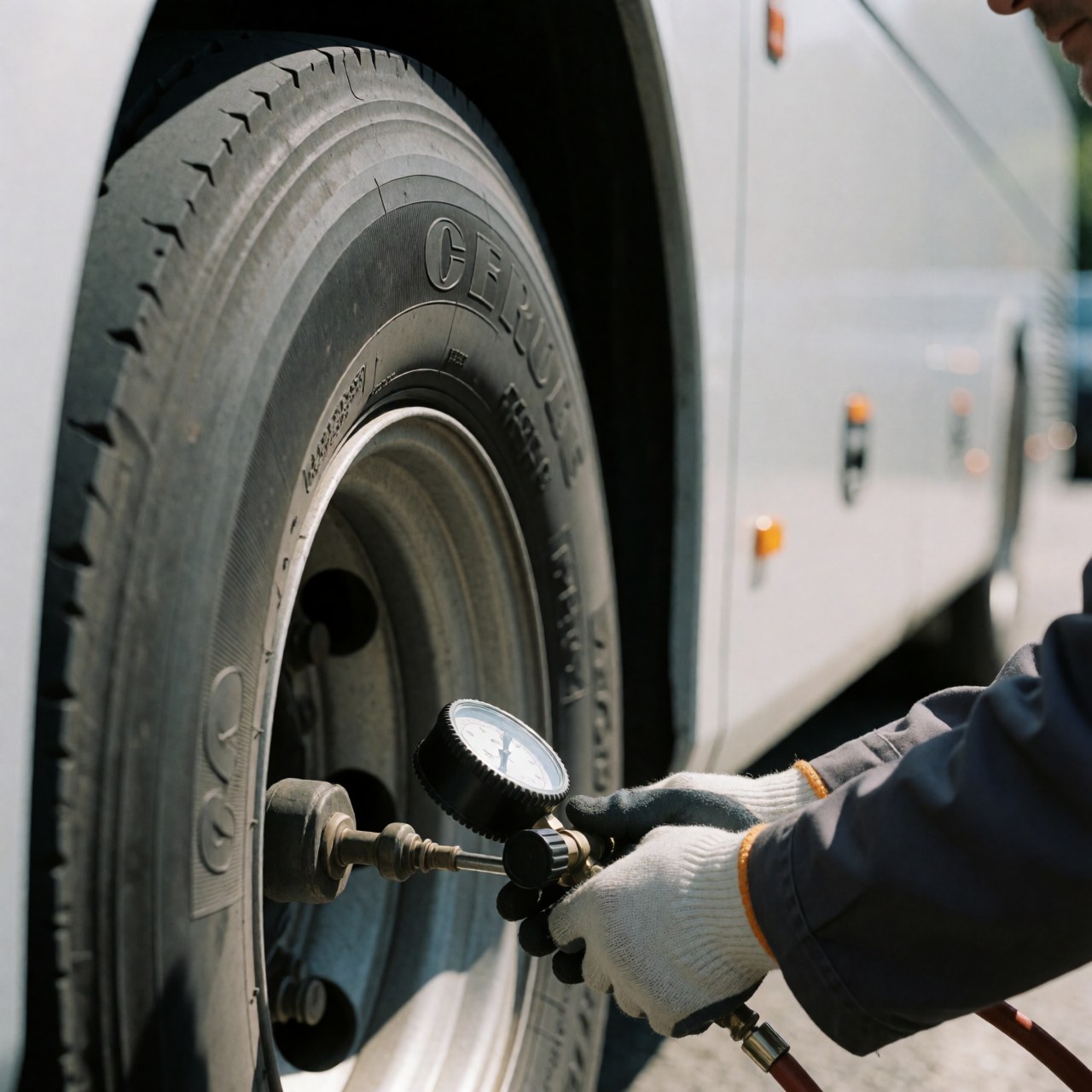 Technicien utilisant un manomètre pour contrôler la pression d'un pneu de bus près d'une camionnette blanche dans un atelier de réparation.