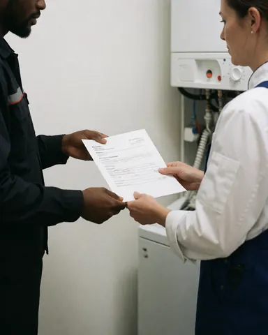 Un technicien professionnel remet un document à un client satisfait devant une chaudière dans une pièce propre, illustrant un service de réparation.