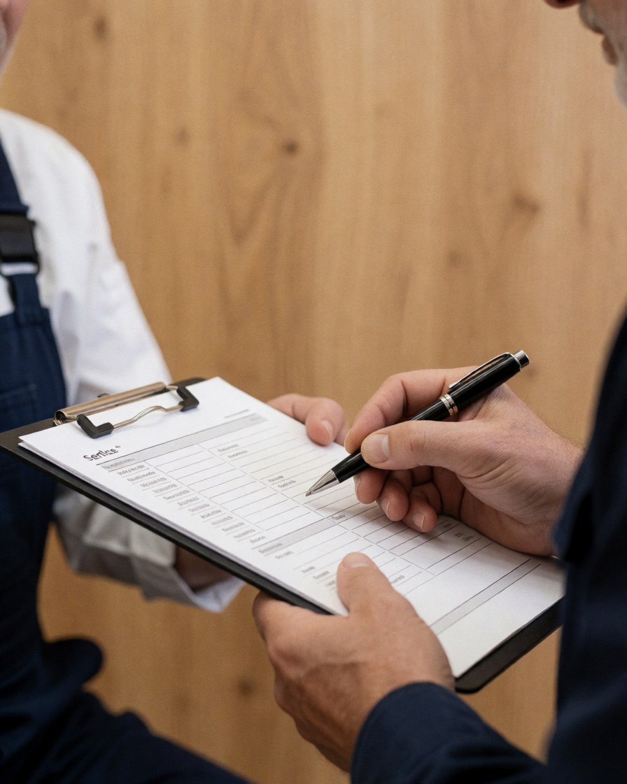 Une cliente examine une facture dans un atelier de réparation de montres avec un mur en bois et un horloger portant un tablier.