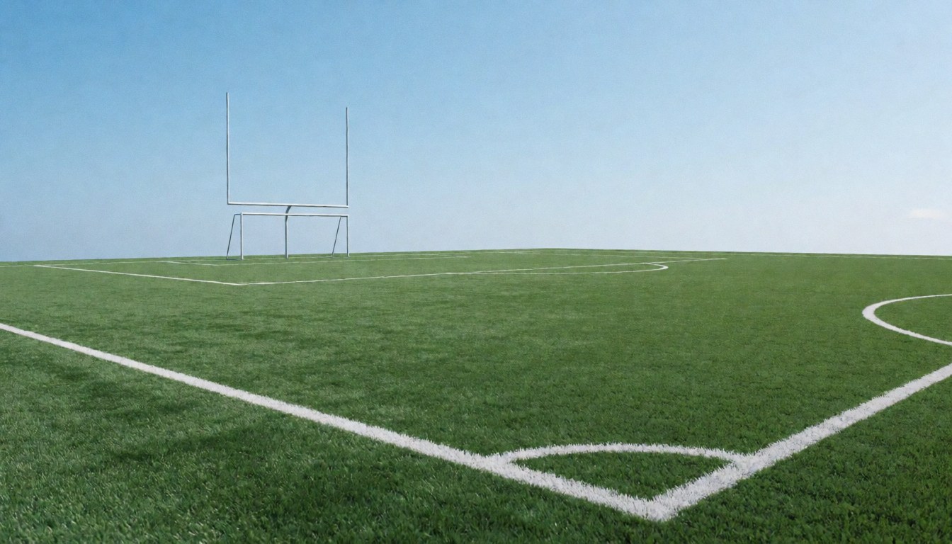 Terrain de football américain vide avec lignes blanches et poteaux de but sous un ciel bleu clair, idéal pour un entraînement en extérieur.