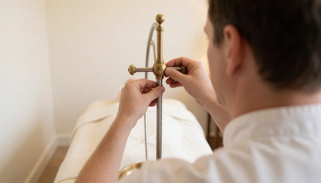 Un professionnel ajuste le support en bronze d'un équipement de shirodhara dans une salle de massage ayurvédique avec lit et murs blancs chauds.