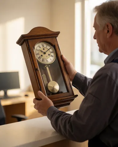 Une cliente observe attentivement une horloge murale en bois avec pendule dans une boutique d'horlogerie, baignée de lumière naturelle.