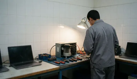 Technicien en train de réviser le compresseur d'un réfrigérateur dans un atelier avec des outils et une lampe de bureau, des murs de carreaux blancs.