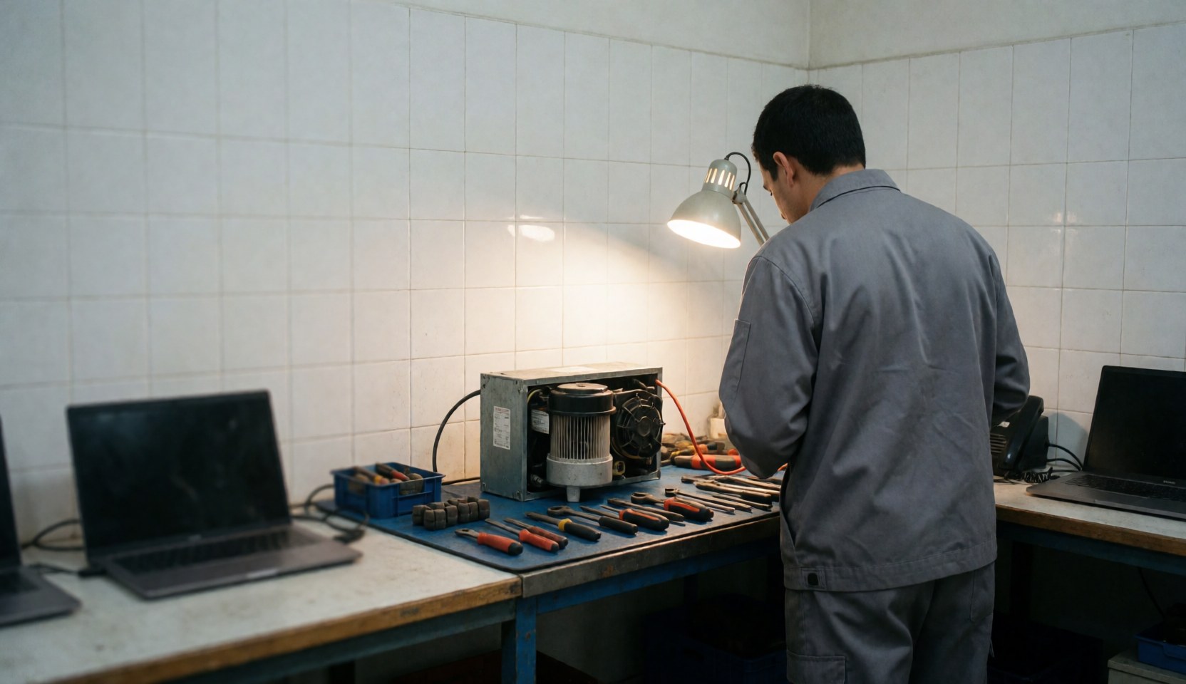 Technicien en train de réviser le compresseur d'un réfrigérateur dans un atelier avec des outils et une lampe de bureau, des murs de carreaux blancs.