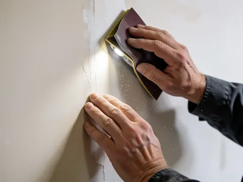 Mains d'un adulte ponçant un joint de mastic sur un mur blanc avec une lumière focalisée et des particules de poussière en suspension.