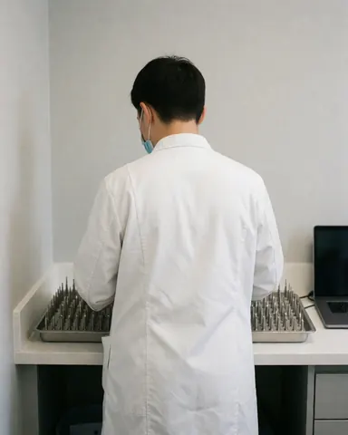 Un professionnel de la dermabrasion organise des rotatifs sur une station de travail propre et moderne aux murs gris clair.