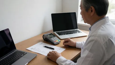 Un professionnel utilise un terminal de paiement dans un bureau propre et lumineux, avec un ordinateur et une facture sur le bureau en bois.