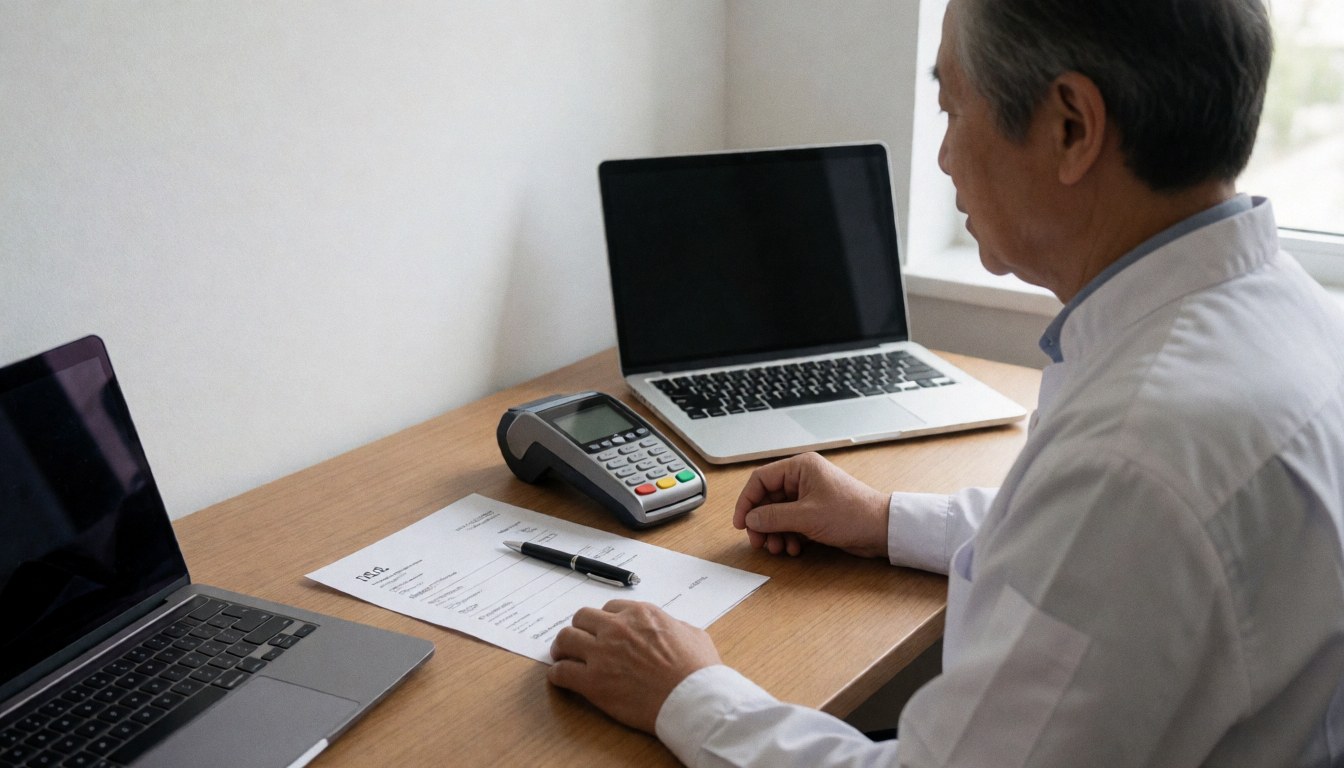 Un professionnel utilise un terminal de paiement dans un bureau propre et lumineux, avec un ordinateur et une facture sur le bureau en bois.