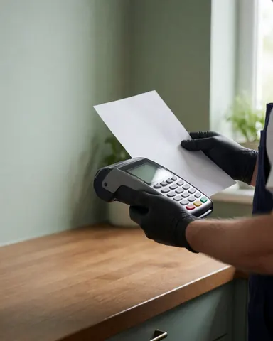 Une main portant un gant noir tient un terminal de paiement et une facture blanche sur une table en bois dans une cuisine.