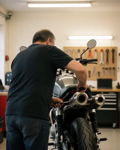 Un mécanicien ajuste un tuyau d'échappement de moto dans un atelier équipé d'outils suspendus, sous des lumières fluorescentes sur un sol propre.