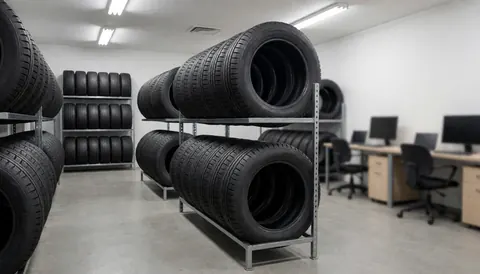 Entrepôt de pneus avec des racks métalliques, un sol en béton et un bureau en arrière-plan, idéal pour un commerce de pneus.