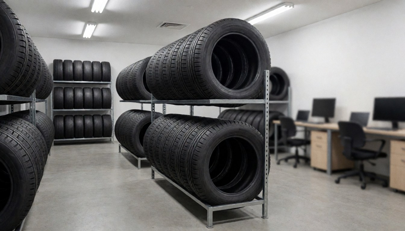 Entrepôt de pneus avec des racks métalliques, un sol en béton et un bureau en arrière-plan, idéal pour un commerce de pneus.
