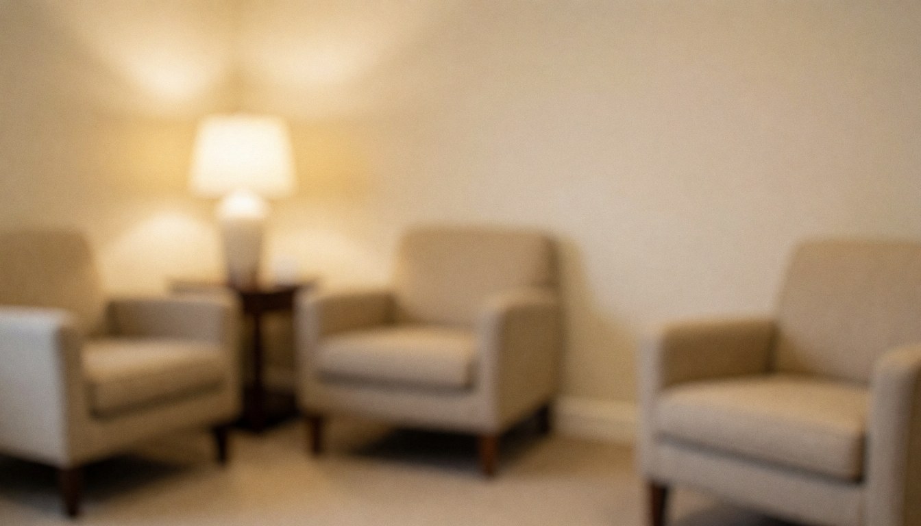 Fond d'attente composé de trois chaises beige, d'une lampe de table et de murs clairs, idéal pour des textes sur les services de manucure et pédicure.