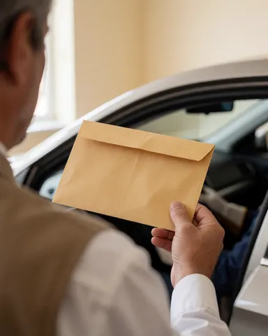 Une cliente souriante reçoit une enveloppe des mains d'un chauffeur de VTC, devant une voiture ouverte, sur un fond beige clair avec une lumière naturelle.