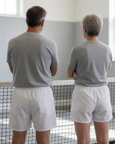 Vue arrière de deux individus sur un court de volley-ball intérieur, avec un filet et des murs gris en arrière-plan, prêts à pratiquer l'activité.