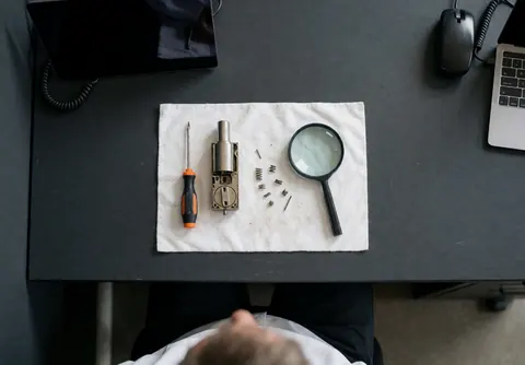 Un serrurier utilise des outils de précision pour réparer un cylindre de serrure posé sur une serviette blanche, sur un bureau noir, sous un éclairage doux.