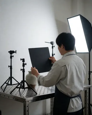 Un photographe de produit règle un panneau noir à côté d'un vase en céramique posé sur une table métallique dans un studio avec éclairage professionnel et fond blanc.