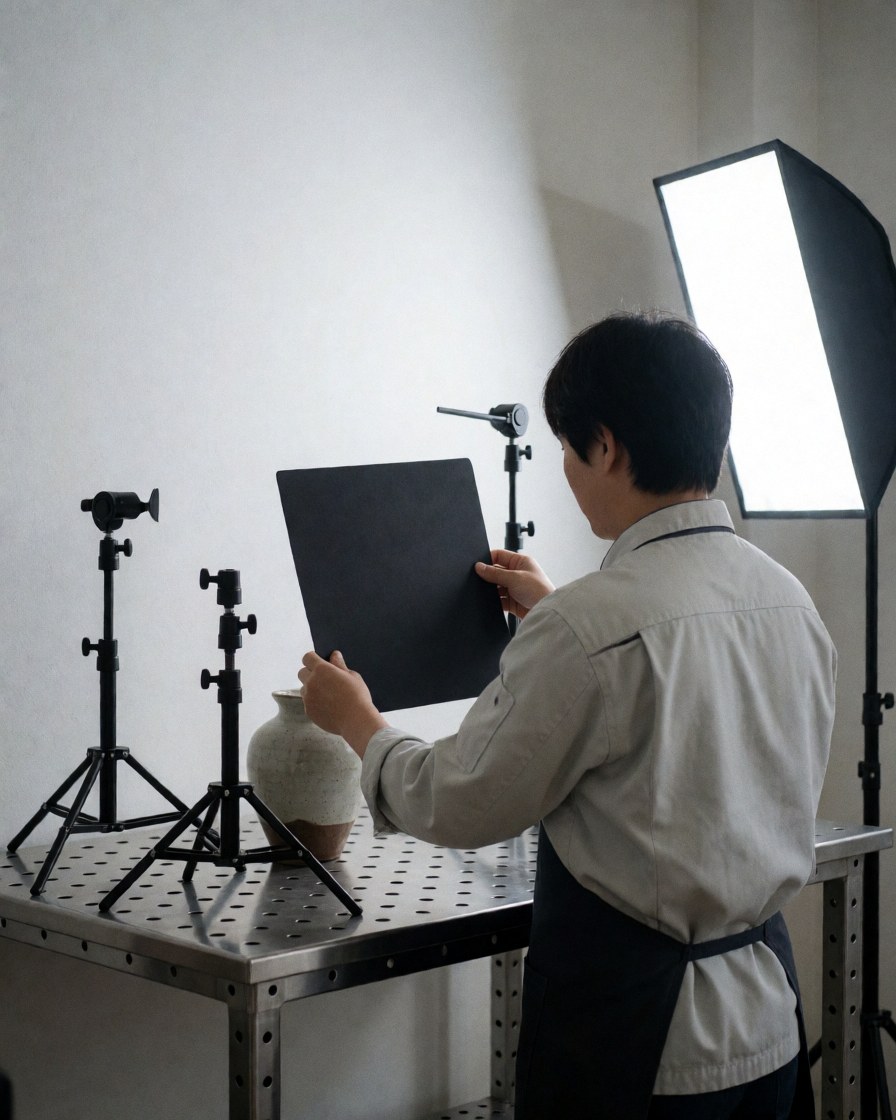 Un photographe de produit règle un panneau noir à côté d'un vase en céramique posé sur une table métallique dans un studio avec éclairage professionnel et fond blanc.