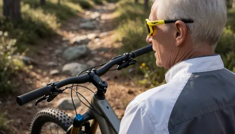 Un cycliste âgé de dos, portant des lunettes de soleil jaunes, près de son vélo de montagne sur un sentier rocailleux entouré d'arbres.