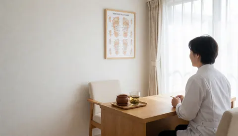 Un professionnel de la réflexologie se tient dans une réception lumineuse et accueillante, avec une carte des pieds, une tasse de thé et une lumière naturelle.