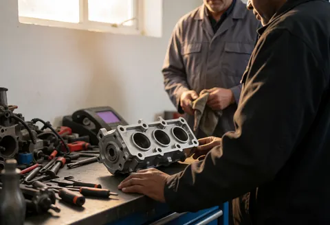 Mécanicien portant des gants nettoie un bloc moteur dans un atelier avec des outils et une lumière naturelle visibles.