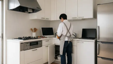 Technicien en réparation de tuyauterie travaillant sous un évier dans une cuisine moderne avec armoires blanches et appareils en acier inoxydable.